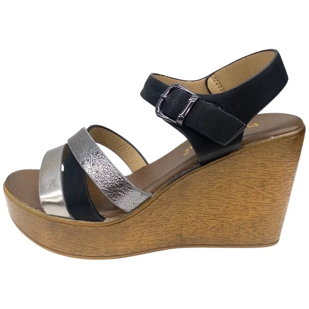 Pierre Dumas High Heel Platform Wedge Strappy Sandals Women's 6  Black Silver
